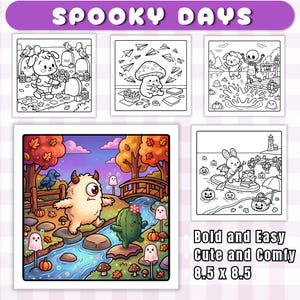 May include: A collection of coloring pages titled Spooky Days featuring a large colored illustration of a one-eyed monster and a cactus by a stream, alongside four black and white line art scenes with characters like a zombie dog and a skeleton.