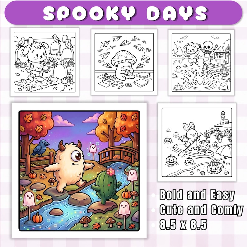 May include: A collection of coloring pages titled Spooky Days featuring a large colored illustration of a one-eyed monster and a cactus by a stream, alongside four black and white line art scenes with characters like a zombie dog and a skeleton.