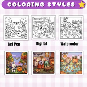May include: A grid of six square illustrations labeled COLORING STYLES, showing three black-and-white line art scenes and their corresponding colored versions. The scenes depict a rabbit with a pumpkin, monsters on a couch, and hedgehogs by a pond, labeled Gel Pen, Digital, and Watercolor.