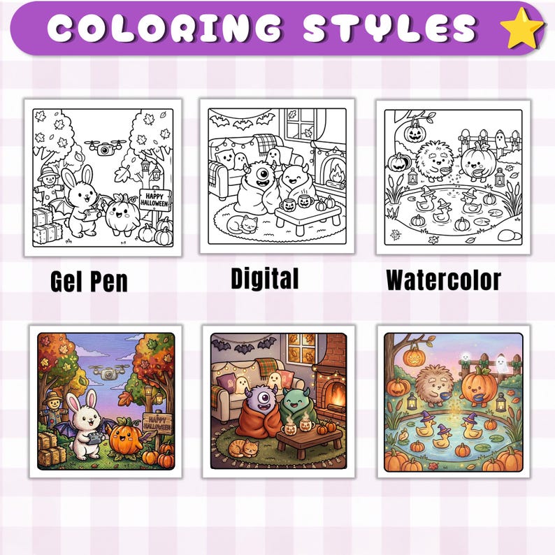 May include: A grid of six square illustrations labeled COLORING STYLES, showing three black-and-white line art scenes and their corresponding colored versions. The scenes depict a rabbit with a pumpkin, monsters on a couch, and hedgehogs by a pond, labeled Gel Pen, Digital, and Watercolor.