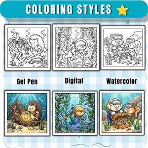 Puede incluir: Una tabla comparativa titulada COLORING STYLES que muestra tres ilustraciones en blanco y negro de animales submarinos y sus versiones a todo color etiquetadas como Gel Pen, Digital y Watercolor, con un erizo, una nutria y dos ardillas.