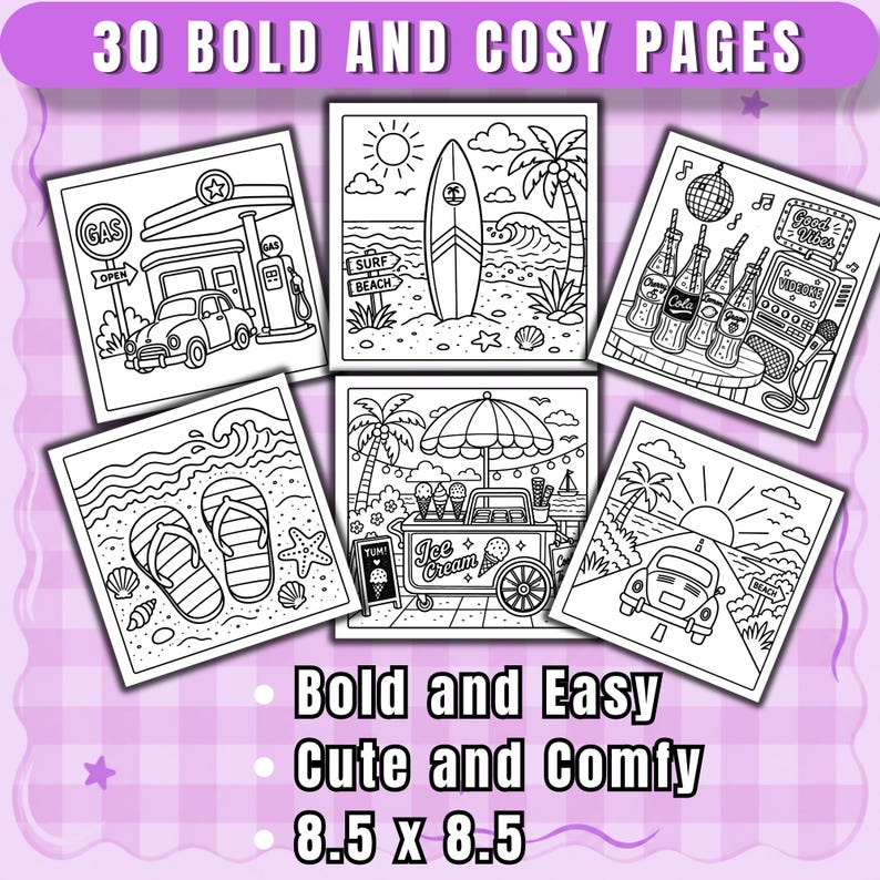 Páginas para colorear de verano estilo Hygge retro / Libro para colorear de verano acogedor y adorable para adultos / Hygge relajante imprimible / Descarga digital en PDF sencilla y llamativa imagen 3