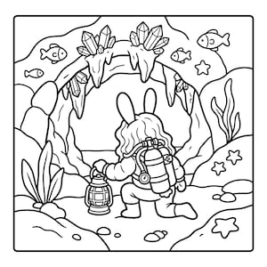 Puede incluir: Una ilustraci&oacute;n de arte lineal en blanco y negro de un conejo con equipo de buceo que sostiene una linterna. El conejo est&aacute; arrodillado dentro de la entrada de una cueva submarina decorada con cristales, rodeado de peces, algas y estrellas de mar.