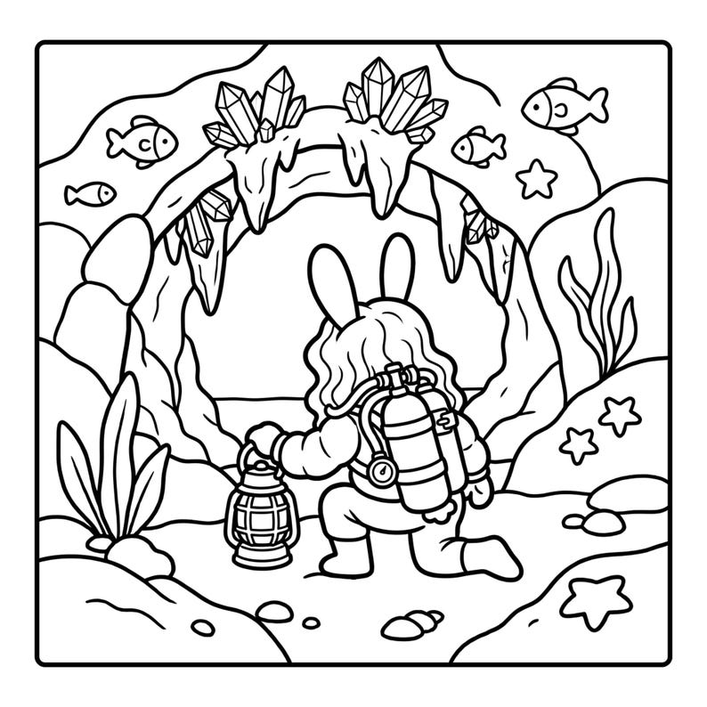 Puede incluir: Una ilustraci&oacute;n de arte lineal en blanco y negro de un conejo con equipo de buceo que sostiene una linterna. El conejo est&aacute; arrodillado dentro de la entrada de una cueva submarina decorada con cristales, rodeado de peces, algas y estrellas de mar.
