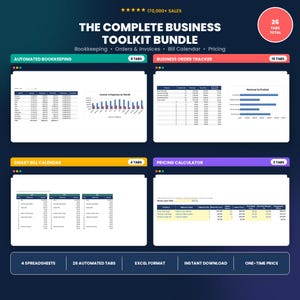 May include: The Complete Business Toolkit Bundle includes four spreadsheets with 26 automated tabs for bookkeeping, order tracking, bill calendars, and pricing. Features include data tables, bar charts, and financial calculators in Excel format.