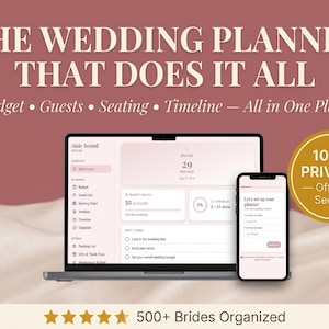 May include: A laptop and smartphone displaying a wedding planning application with a dashboard interface. Text reads: THE WEDDING PLANNER THAT DOES IT ALL, Budget, Guests, Seating, Timeline, 100% PRIVATE, and 500+ Brides Organized. The color palette is pink.