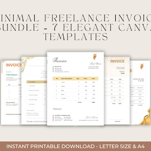 May include: A collection of seven minimalist freelance invoice templates. The templates are in a variety of designs, with gold and beige accents. The text on the image reads "MINIMAL FREELANCE INVOICE BUNDLE - 7 ELEGANT CANVA TEMPLATES" and "INSTANT PRINTABLE DOWNLOAD - LETTER SIZE & A4."