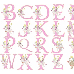 May include: A pink floral alphabet set from A to Z. Each letter is decorated with a bouquet of flowers and a bow. The letters are in a serif font and are displayed on a white background. The text "A to Z" is in black.