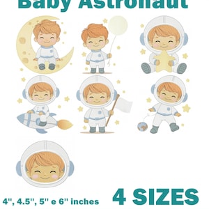 Pode incluir: Coleção de designs digitais com um bebê astronauta em várias poses. Os designs incluem um bebê astronauta sentado em uma lua crescente, segurando um balão, uma estrela, em um foguete, segurando uma bandeira e brincando com uma bola. O texto "Baby Astronaut" e "4 SIZES" também estão incluídos.