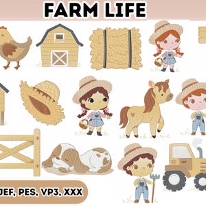 Pode incluir: Ilustrações com tema de fazenda, incluindo um trator, galinha, celeiro, fardo de feno, personagens de fazendeiros e vários animais de fazenda. O texto "FARM LIFE" é exibido na parte superior, com "3 SIZES" na parte inferior. Formatos de arquivo de bordado listados.