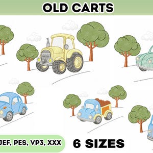 Puede incluir: Un diseño bordado con varios vehículos, incluyendo una excavadora azul, un tractor amarillo, un coche verde, un coche azul, un camión azul y una grúa azul. Se muestra el texto "OLD CARTS" y "6 SIZES". El diseño incluye árboles y carreteras.