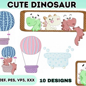 Pode incluir: Imagem com vários designs de dinossauros fofos. Os designs incluem dinossauros em balões de ar quente, em uma banheira e emoldurados. O texto "CUTE DINOSAUR" e "10 DESIGNS" são exibidos. A imagem também inclui abreviações de tipos de arquivo.