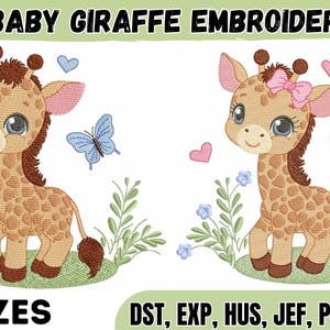 Pode incluir: Dois desenhos de bordado à máquina de uma girafa com manchas castanhas, crina e cauda castanho-escuras. Uma girafa tem uma borboleta azul e corações azuis, a outra um laço cor-de-rosa, borboleta cor-de-rosa e corações cor-de-rosa. Texto BABY GIRAFFE EMBROIDERY.