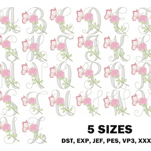 Pode incluir: Um alfabeto bordado de A a Z, cada letra adornada com uma rosa rosa e uma borboleta. As letras estão em uma fonte cursiva, com um contorno cinza claro. O texto "5 SIZES" é exibido abaixo.