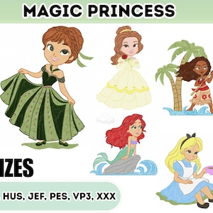 May include: A digital embroidery design featuring cartoon illustrations of various princesses, including Elsa, Anna, Belle, Moana, Cinderella, Ariel, Alice, and Rapunzel. The design includes the text "MAGIC PRINCESS" and "6 SIZES".