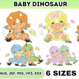 Pode incluir: Desenhos bordados de dinossauros bebês em várias cores, incluindo azul, laranja, verde e amarelo. A imagem inclui o texto "BABY DINOSAUR" e "6 SIZES". Adequado para projetos de bordado.