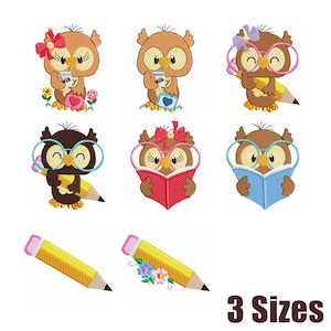 Puede incluir: Diseños de bordado digital con búhos de dibujos animados en varias poses. Los búhos son marrones y tostados, algunos con gafas o lazos, y sosteniendo libros o lápices. Se muestra el texto "School owl embroidery" y "3 Sizes".