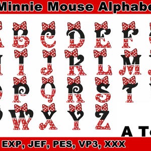 Pode incluir: Um conjunto de alfabeto colorido, de A a Z, com o tema Minnie Mouse. As letras são pretas e vermelhas, com padrões de bolinhas e laços da Minnie Mouse. A imagem inclui o texto "Minnie Mouse Alphabet" e "A To Z".