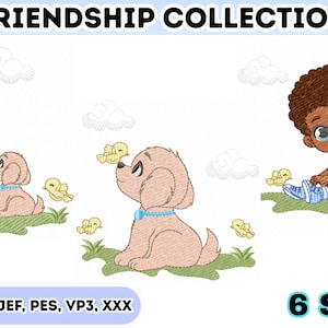 Pode incluir: Um design bordado com três ilustrações de desenhos animados de crianças com cachorros e pintinhos amarelos. O texto "FRIENDSHIP COLLECTION" está no topo. O design está disponível em 6 tamanhos e vários formatos de arquivo.