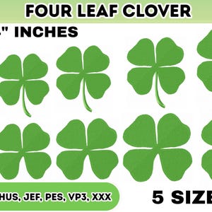 Pode incluir: Desenhos de trevos de quatro folhas verdes em cinco tamanhos, variando de 6,35 cm a 10,16 cm. A imagem inclui o texto "FOUR LEAF CLOVER" e "5 SIZES". Os formatos de arquivo são exibidos.