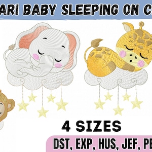 Baby Safari Animals Sleeping on Clouds Machine Embroidery Design, Cute Jungle Nursery Decor, Tiger, Elephant, Giraffe, Lion, Monkey, 4 Sizes