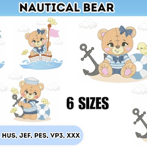 Pode incluir: Ilustrações de um urso náutico em várias poses. O urso está usando uma roupa de marinheiro e é mostrado com uma âncora, um salva-vidas e um pequeno barco. O texto "NAUTICAL BEAR" e "6 SIZES" também estão presentes.