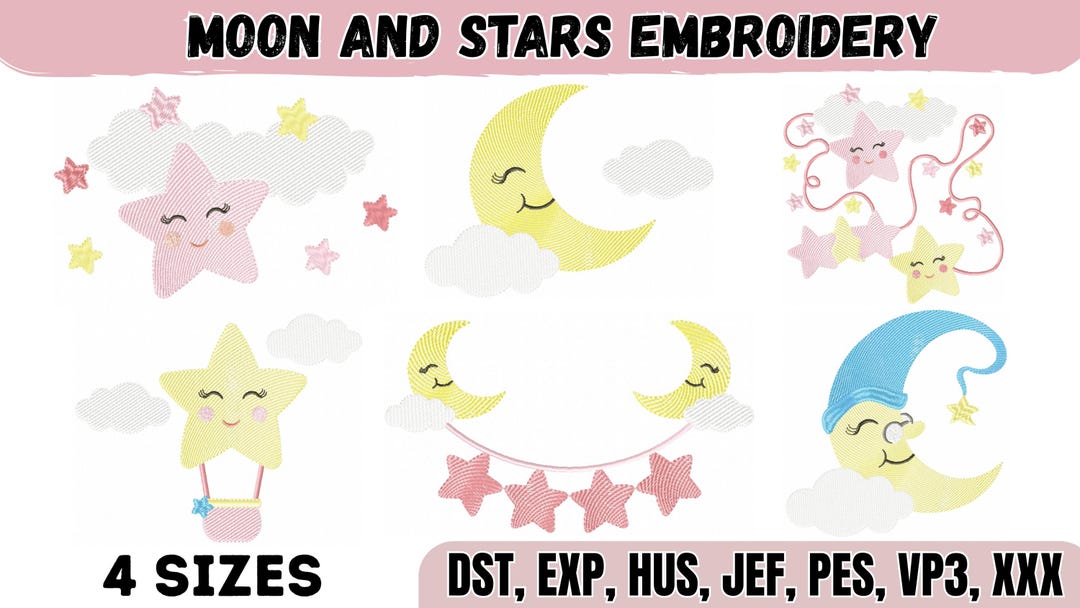 Baby Moon & Stars Embroidery Design | Cute Sleeping Stars and Moon ...