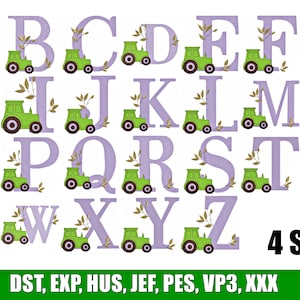 Puede incluir: Un conjunto de alfabeto digital con letras mayúsculas de color morado claro de la A a la Z, cada una acompañada de una pequeña ilustración de tractor verde y una rama marrón con hojas. Incluye el texto 4 SIZES y formatos DST, EXP, HUS, JEF, PES, VP3, XXX.