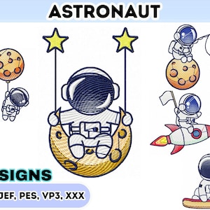 Pode incluir: Uma coleção de nove desenhos de astronautas bordados. Os desenhos incluem astronautas em planetas, um foguete e um baloiço. A paleta de cores apresenta branco, azul, amarelo, laranja e dourado. A palavra "ASTRONAUTA" está no topo.