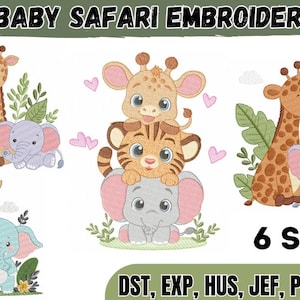 Może przedstawiać: Cyfrowy zestaw wzorów hafciarskich zatytułowany BABY SAFARI EMBROIDERY przedstawiający zwierzęta z kreskówek, w tym żyrafy, lwy, słonie i zebry w różnych grupach. Widoczny jest tekst 6 SIZES oraz formaty plików DST, EXP, HUS, JEF, PES, VP3, XXX.