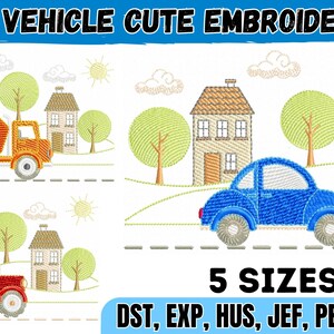 Pode incluir: Um design de bordado com uma betoneira laranja, um trator vermelho com reboque e um carro azul. Os veículos estão situados em frente a casas, árvores e uma estrada. O texto "VEHICLE CUTE EMBROIDERY" e "5 SIZES" também estão incluídos.