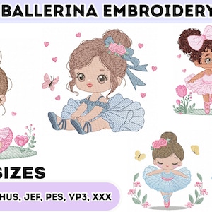 Puede incluir: Diseños de bordado digital que presentan seis encantadoras ilustraciones de bailarinas en varias poses y atuendos. Los diseños incluyen el texto "BALLERINA EMBROIDERY" y "6 SIZES". Disponibles en formatos DST, EXP, HUS, JEF, PES, VP3 y XXX.