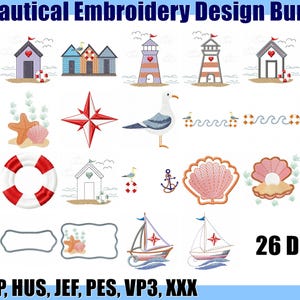 Może przedstawiać: Cyfrowa kolekcja zatytułowana Nautical Embroidery Design Bundle zawierająca 26 indywidualnych wzorów do haftu maszynowego, w tym żaglówki, latarnie morskie, mewy, kotwice, koła ratunkowe, muszle i gwiazdy kompasu w różnych kolorach.