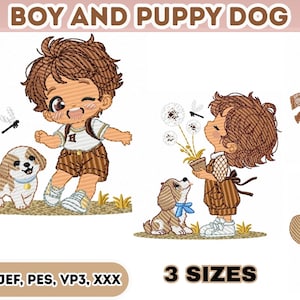 Pode incluir: Desenhos bordados com um menino e um cachorrinho em várias cenas. Um mostra um menino piscando com um cachorrinho, outro com um menino de bicicleta e outro com um menino e um cachorrinho olhando para flores. O texto "BOY AND PUPPY DOG" está no topo.