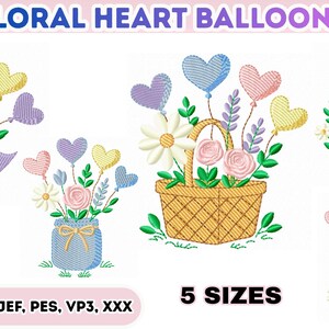 Pode incluir: Uma imagem com bordados de balões florais em forma de coração. Os desenhos incluem um guarda-chuva, uma cesta, um vaso, uma coroa e um arco-íris, todos adornados com balões em forma de coração em cores pastel. O texto "FLORAL HEART BALLOONS" e "5 SIZES" também é visível.