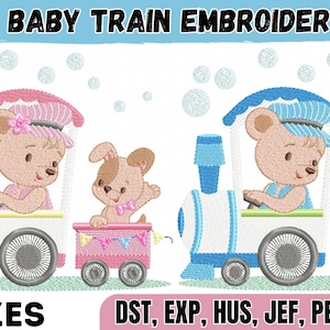 Pode incluir: Um design de bordado com dois comboios de brinquedo, um rosa e outro azul, cada um com um urso e um coelho como passageiros. O texto "BABY TRAIN EMBROIDERY" está no topo. O design inclui o texto "6 SIZES".