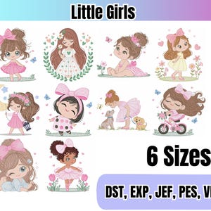 May include: A collection of cartoon illustrations featuring little girls in various poses, wearing dresses and bows. The images include butterflies, flowers, and pets. Text at the top reads "Little Girls" and "6 Sizes" below. The bottom text includes file formats.