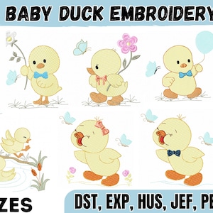 Pode incluir: Um design de bordado com patinhos em várias poses. A imagem inclui patos com laços, flores e borboletas. O texto na parte superior diz "BABY DUCK EMBROIDERY" e na parte inferior "3 SIZES" e formatos de arquivo de bordado.