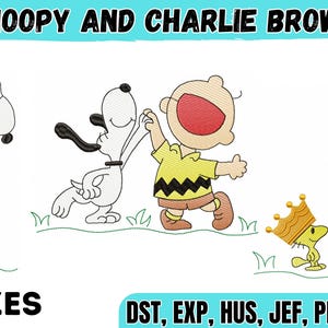 May include: An embroidered design featuring Snoopy and Charlie Brown characters. The image includes Snoopy in various poses, with Charlie Brown, and a small yellow bird wearing a crown. The text "SNOOPY AND CHARLIE BROWN" and "5 SIZES" is displayed.