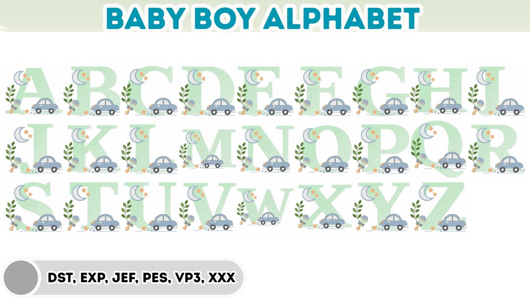 Baby Boy Alphabet Embroidery Design - Blue Car & Moon Letters - Nursery ...