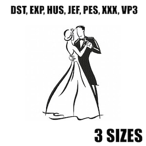 Pode incluir: Desenho a traço preto e branco de um casal a dançar, um homem de smoking e uma mulher com um vestido comprido. A imagem inclui o texto "DST, EXP, HUS, JEF, PES, XXX, VP3" no topo e "3 SIZES" na parte inferior.