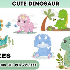 Pode incluir: Imagem com seis designs de dinossauros fofos em verde, azul e rosa. O texto "CUTE DINOSAUR" está no topo, com "6 SIZES" e abreviações de formatos de arquivo na parte inferior. Borboletas e folhagens também estão presentes.