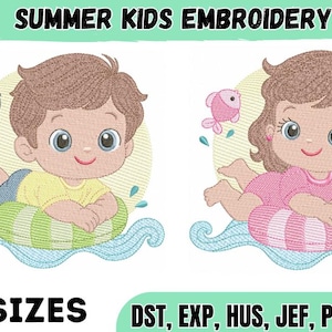 May include: Embroidery design featuring two children floating in inner tubes on blue waves with the text SUMMER KIDS EMBROIDERY and 6 SIZES DST, EXP, HUS, JEF, PES, VP3, XXX. One child wears a yellow shirt, the other a pink shirt, with fish nearby.