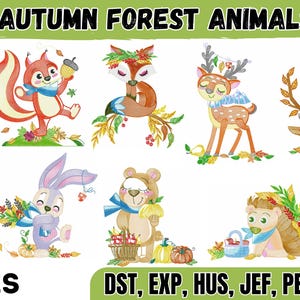 Pode incluir: Ilustrações coloridas de animais da floresta outonal, incluindo uma coruja, um esquilo, uma raposa, um veado, um rinoceronte, uma girafa, um coelho, um urso, um ouriço e um guaxinim. O texto "AUTUMN FOREST ANIMALS" e "3 SIZES" está presente.