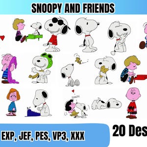 May include: A collection of 20 Snoopy and Friends designs, featuring various cartoon illustrations of Snoopy, Charlie Brown, and other Peanuts characters. The image includes the text "SNOOPY AND FRIENDS" and file format abbreviations.