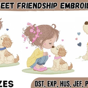 Pode incluir: Design de bordado à máquina intitulado SWEET FRIENDSHIP EMBROIDERY com três ilustrações: uma criança de camisa amarela beijando um filhote, uma criança de suéter amarelo beijando um filhote e um filhote sentado com corações. Inclui 6 TAMANHOS e formatos.