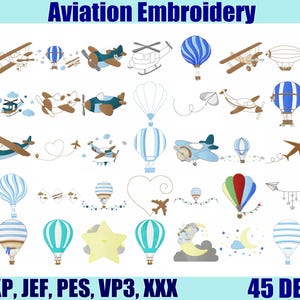 Pode incluir: Conjunto de bordados de aviação com vários aviões e balões de ar quente em azul, castanho e verde. Inclui aviões, helicópteros e dirigíveis. A imagem também inclui o texto "Aviation Embroidery" e "45 DESIGNS".