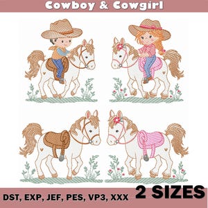 Pode incluir: Desenhos bordados com um cowboy e uma cowgirl montando cavalos. A imagem inclui quatro desenhos com o texto "Cowboy & Cowgirl" no topo e "2 SIZES" na parte inferior. Os desenhos estão em vários formatos.
