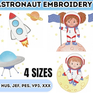 Pode incluir: Um conjunto de bordados com tema de astronauta. O design inclui um foguete, o planeta Terra, um OVNI e astronautas em planetas e luas. O texto "ASTRONAUT EMBROIDERY" e "4 SIZES" também estão incluídos.
