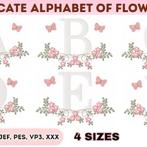 Pode incluir: Letras bordadas do alfabeto A, B, C, D, E e F, cada uma adornada com arranjos florais e borboletas. O design inclui o texto "DELICATE ALPHABET OF FLOWERS" e "A to Z".